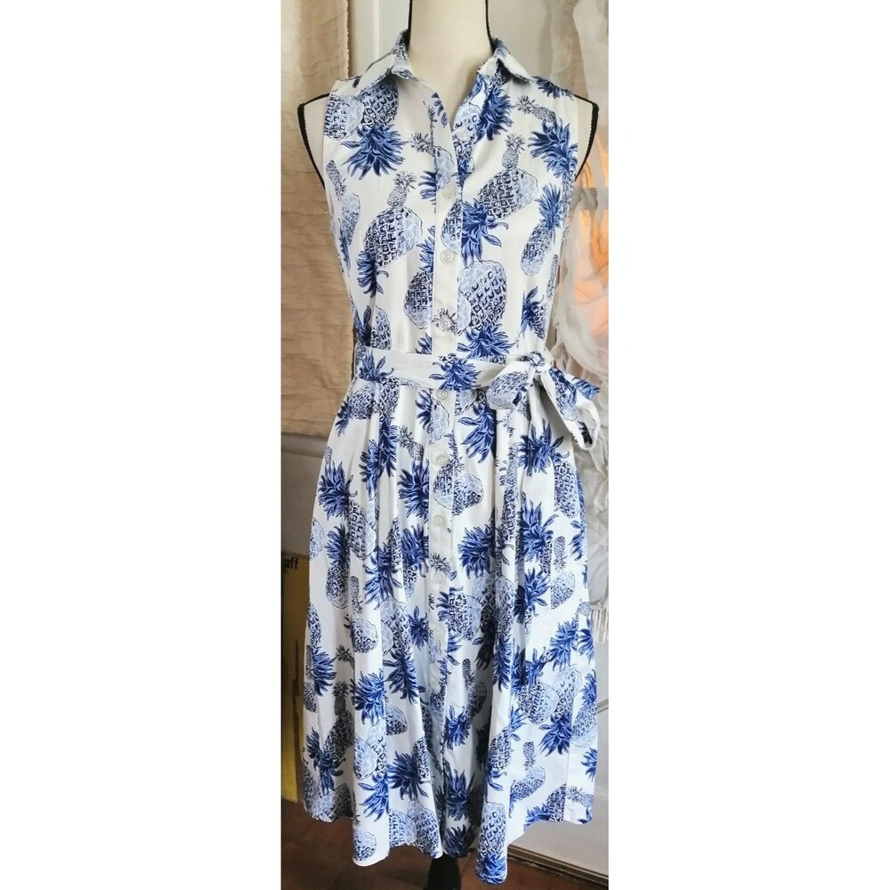 Fit & Flare Shirt Dress Midi Cotton Pockets Chetta B Blue Pineapple Size 4